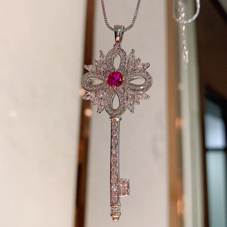 

New Arrival Ladies Ruby Key Silver Pendant Necklace for Women Wedding Fine Jewelry Anniversary Women Love's Gift, Customized color