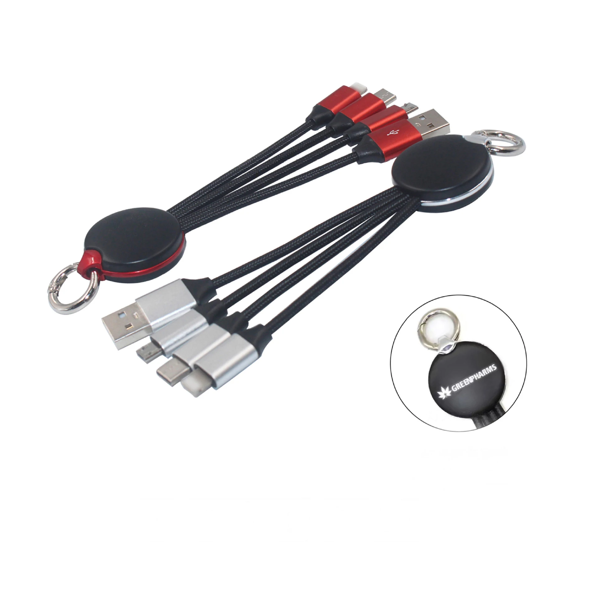 

Wholesale Promotional Gift High Quality Custom Logo Laser Engraved Keychain Usb Cable 3 in 1 USB Cable with LED Lighting Logo, Black silver blue gold red