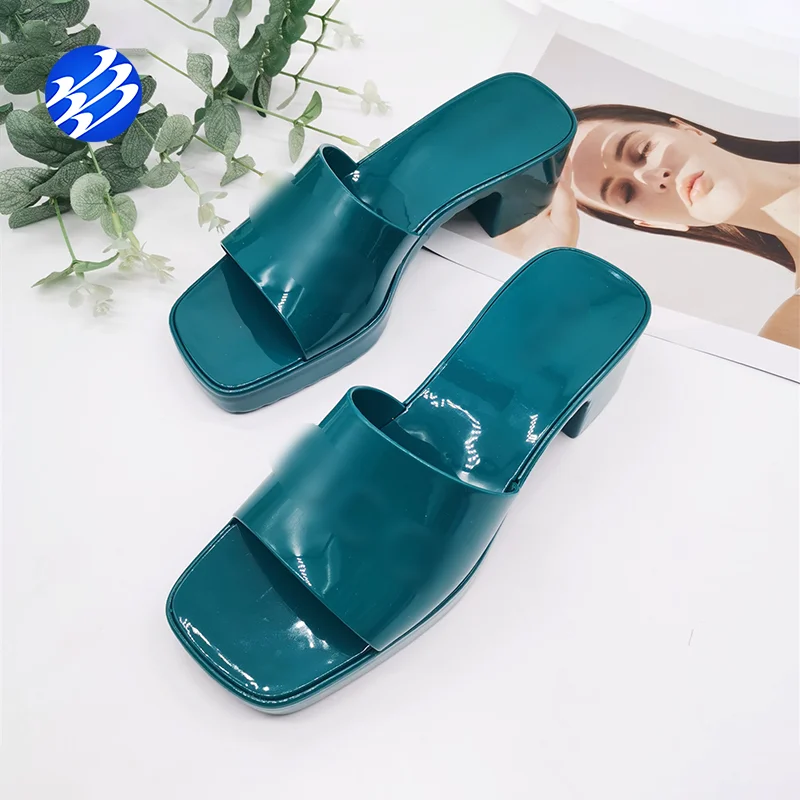 

Trend Shoe Over Favor Rubber Logo Platform Open Toe Chunky Heel Slide Sandals, Yellow, red, black, gray, pink, green, light green, ivory, purple