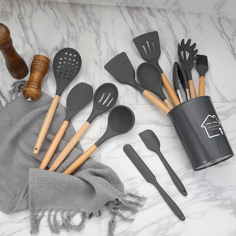 

Amazon top seller spatula set silicone wooden handle kitchen cooking utensils Heat-Resistant Non-Stick kitchenware, Grey or more
