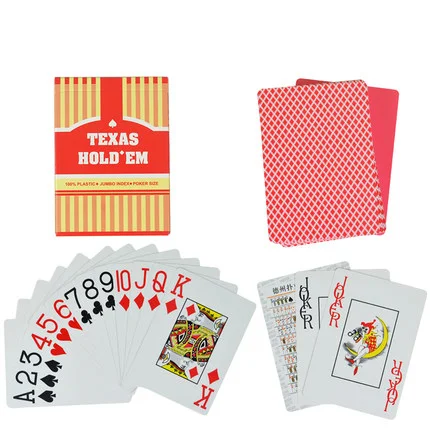 

Hot Sale 100% Plastic Playing Cards Big Number Texas Hold'em Waterproof and Dull Polish Custom Board Game Poker Cards Wholesale, Red/blue/golden/green/coffee