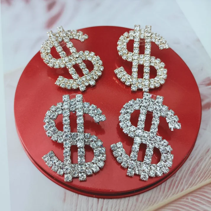 

Luxury Money Sign Rhinestone Earrings for Women Wedding Shiny Crystal Letter Dollar Sign Stud Earrings Jewelry Accessories