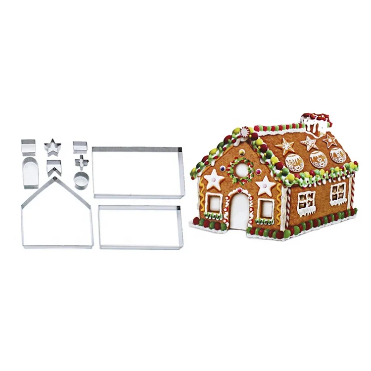 

Shipping to Amazon 3D three-dimensional stainless steel Christmas gingerbread house 10-piece baking cookie mold tools, Silver