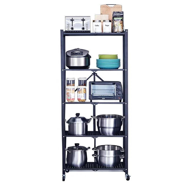 

Factory Outlet Home Black iron Metal Wire 5 Tiers Folding Kitchen Corner Storage Shelf For Storage Kitchenware