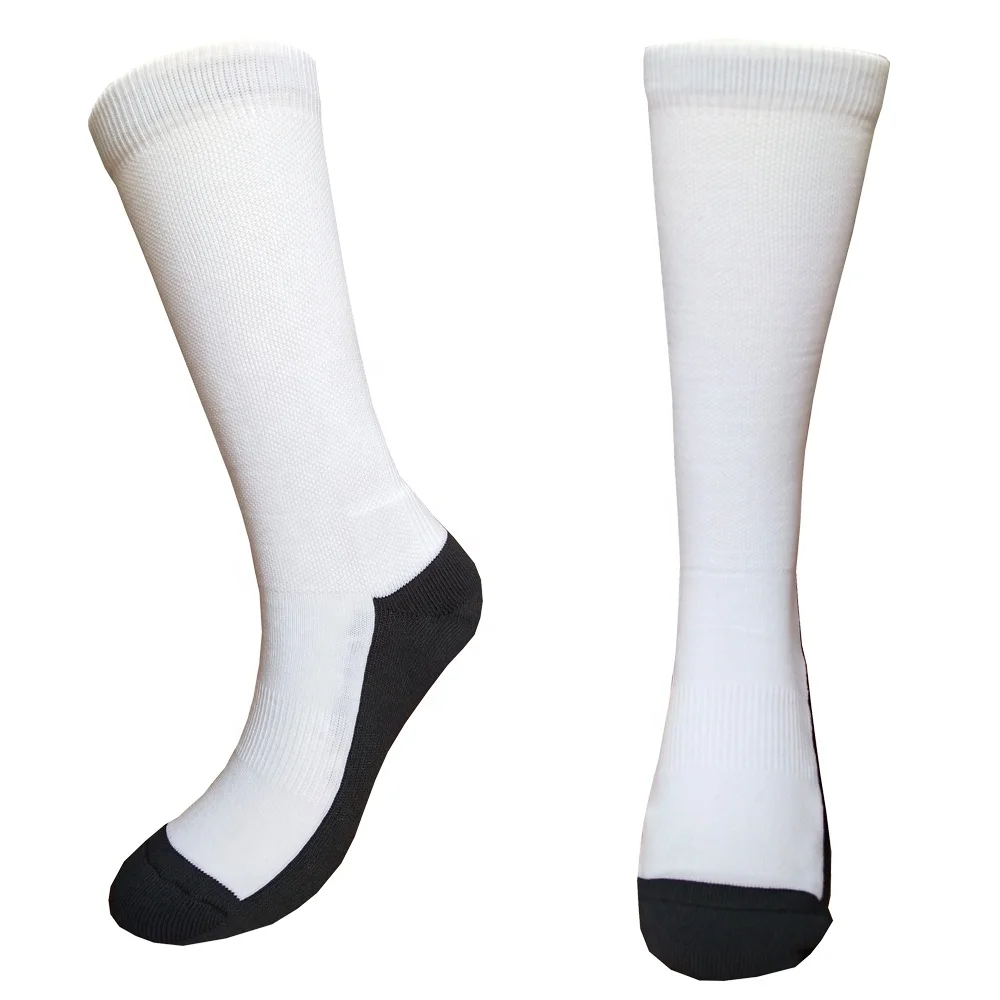 

Hot selling polyester white athletic socks sublimated socks blank with black sole, White and black