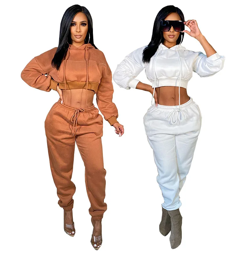 

10907-MX88 pockets crop top hooded solid color pant two piece set women sehe fashion