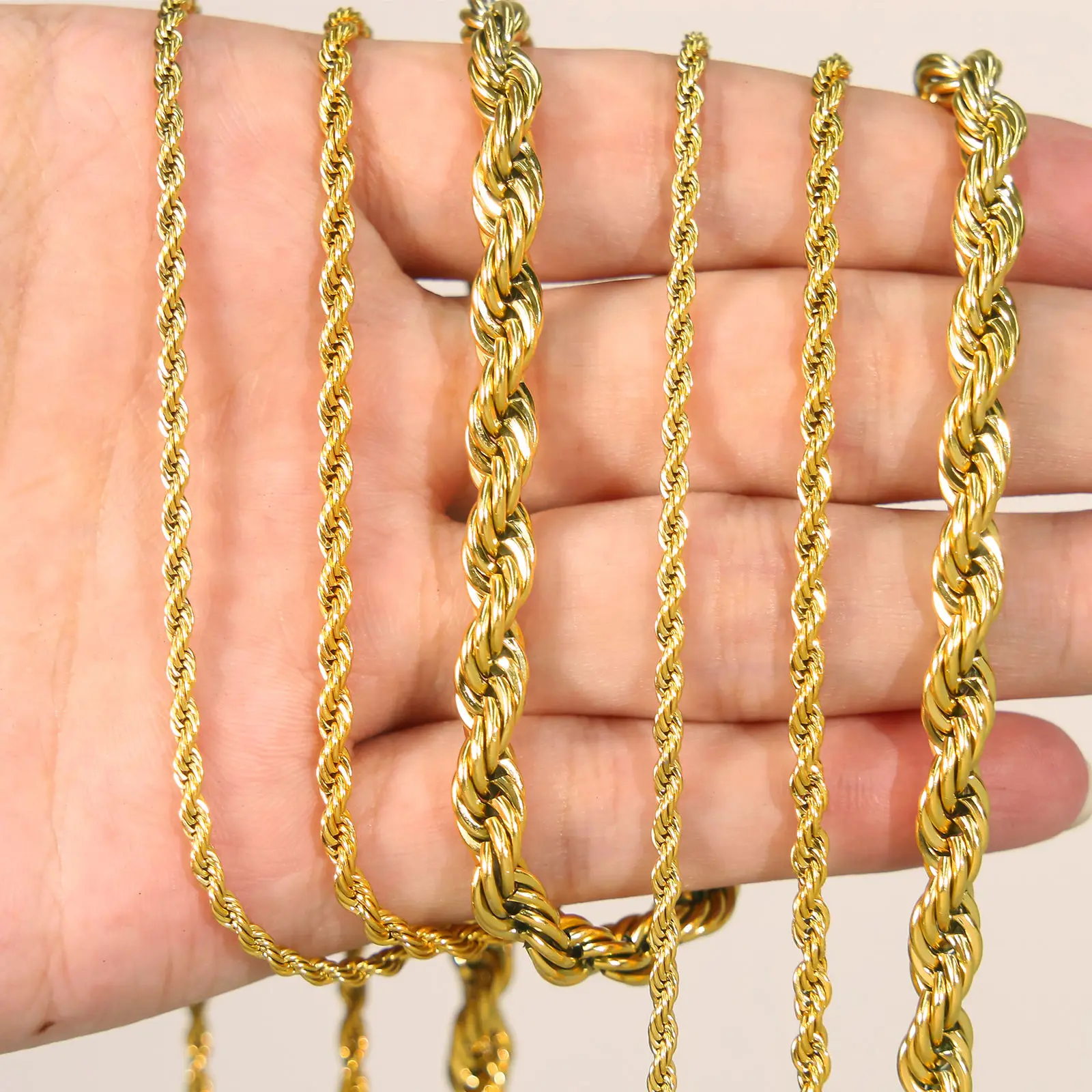 KRKC Wholesale Fashion Jewelry 2.5mm 3mm 4mm 6mm 18K Gold Plated Link Stainless Steel Twisted Rope Necklace Mens Chains