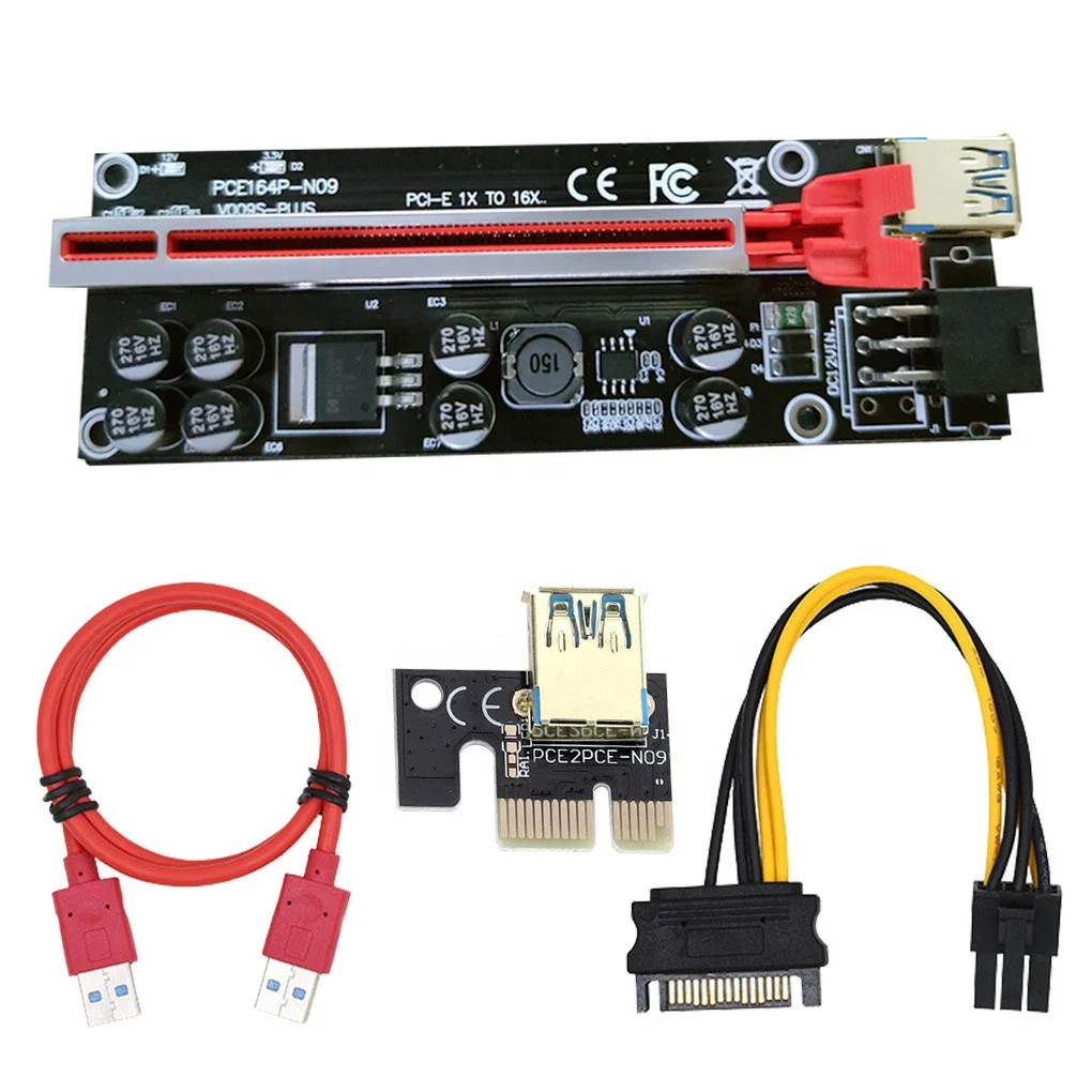 

PCI-E 1X to 16X 6PIN Graphics PCI-E Riser, 8 Capacitors 009S PLUS PCIE Riser For GPU Mining Powered Riser Adapter Card, Black