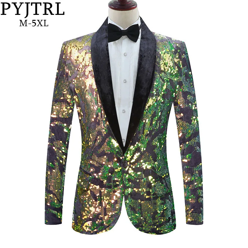 

PYJTRL Men Green Blue Gold Red Sequins Velvet Blazer DJ Singer Shiny Paillette Slim Fit Suit Jacket Party Prom Dress Costume