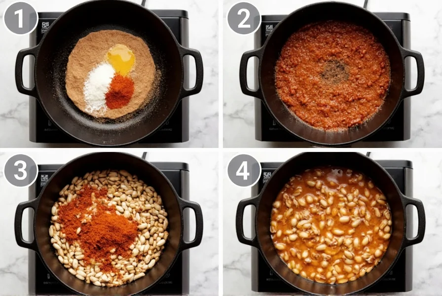 Step-by-step photos showing spice blooming technique in cast iron pot for chili bean preparation