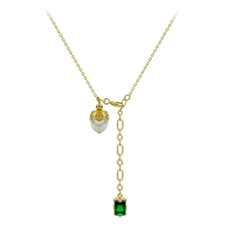

18K Gold Plated Simple emerald pearl pendant necklace with collarbone bone chain