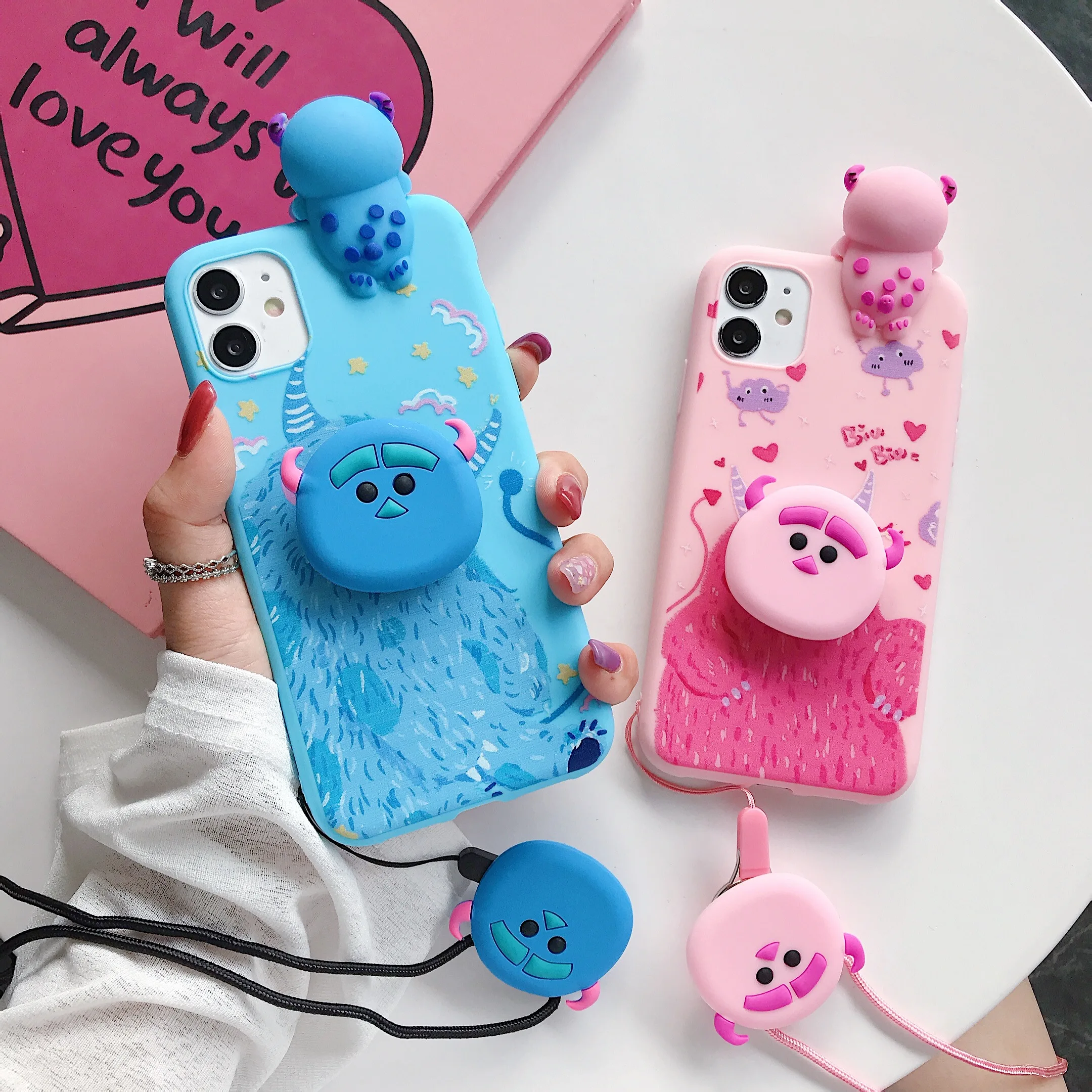 

For iPhone Xs X 6 7 8 Plus 11 Pro Max Monster Sullivan 3D Doll Holder Stand Strap Cute Soft Phone Case