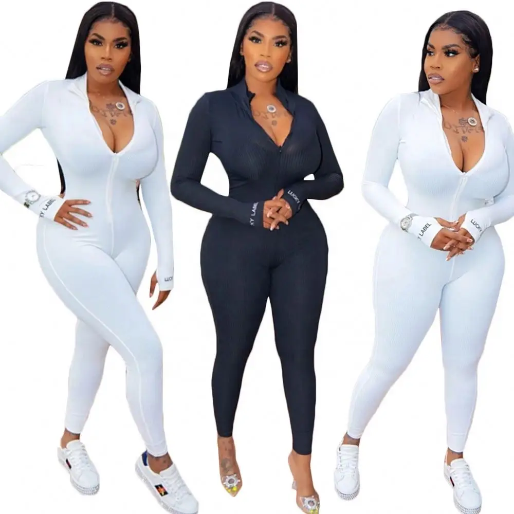 

LZX0003 Women 2020 Sexy Long Sleeve V Neck Ribbed Custom One Piece Bodycon Lucky Label Jumpsuit