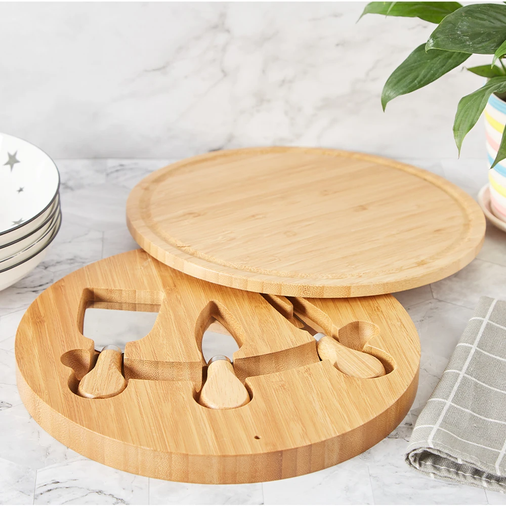 

Hotel Round Large Cutting Boards Charcuterie Board Tray Wooden Bamboo Cheese Board and Knife Set with Drawer, Natural