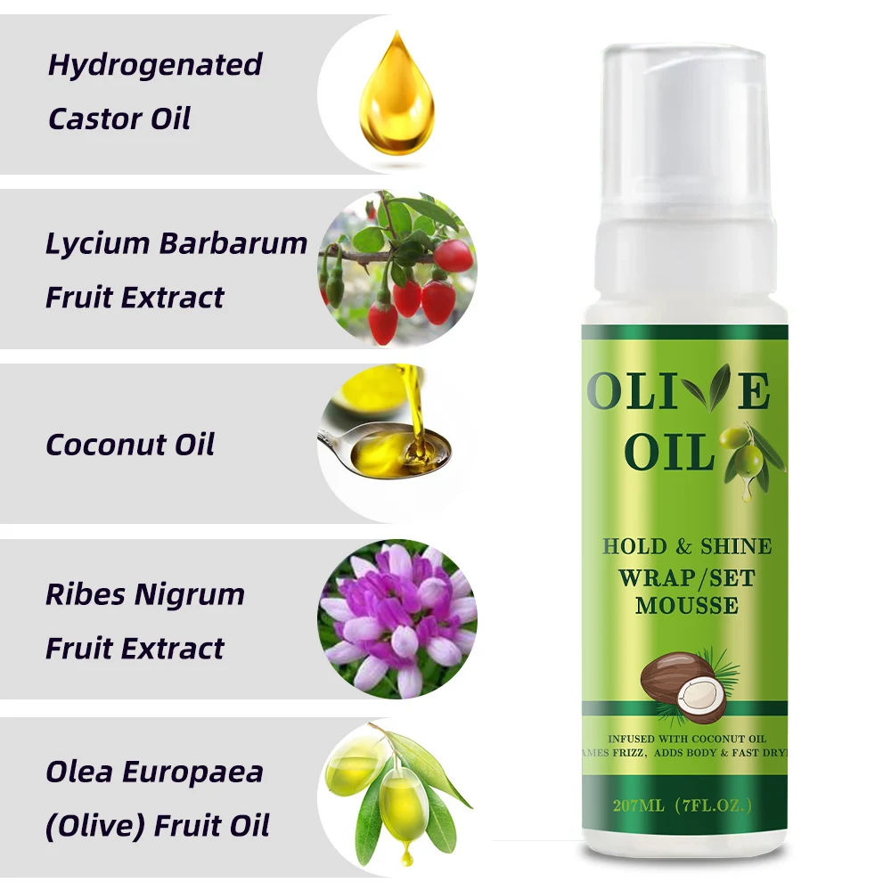 Private Label  Olive Oil Mousse Wrap Set 7 OZ  Foam Wrap Lotion Setting Mousse for Curly Hair Wig or Weave