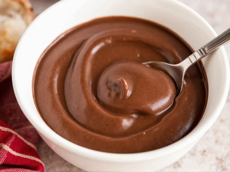 Homemade German chocolate frosting in bowl with spoon
