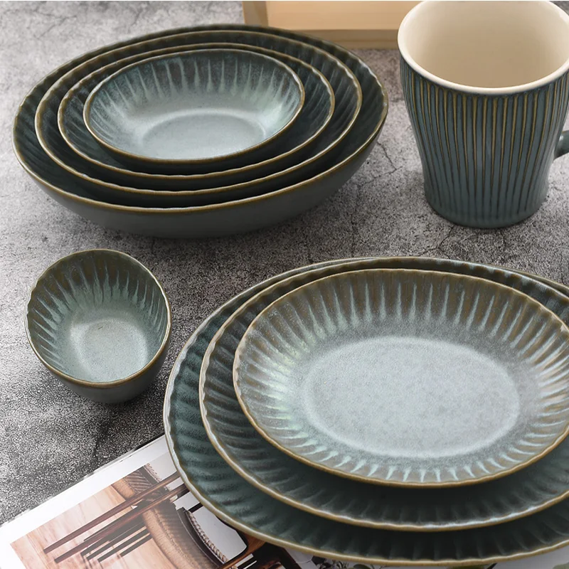 

Japanese Retro popular style dinnerware tableware set plate bowl cup with Roman grain for restaurant can be purchased separately, Customized accord