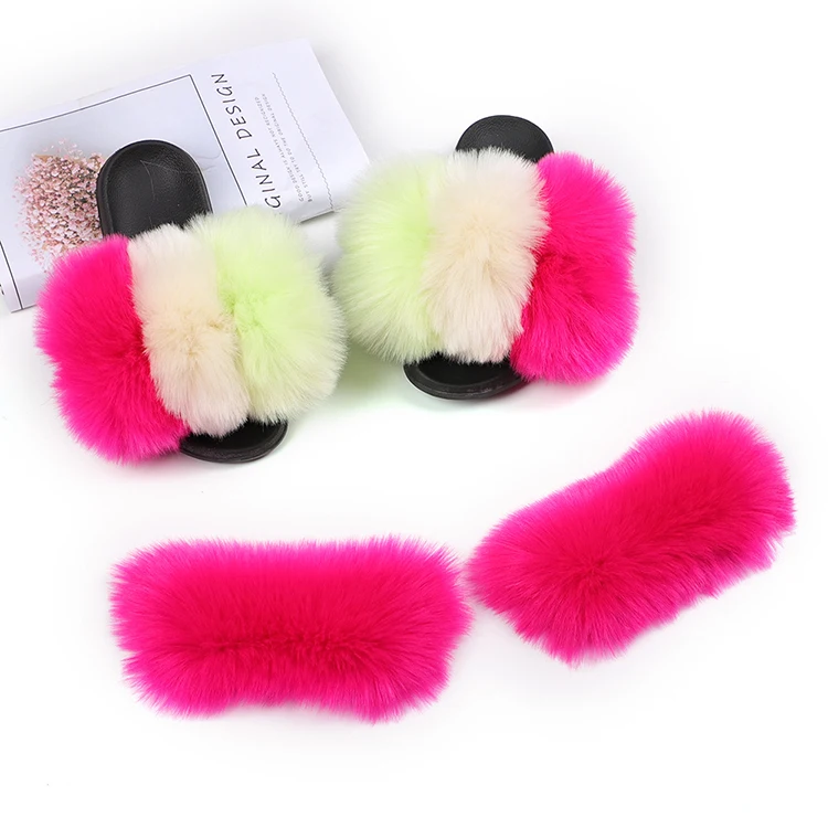 

Real Fox Fur Women Plush Slippers with Detachable Outsole Indoor House Furry Shoes Warm Slides Flip Flops Female Fluffy Sandals, Blue black red yellow purple plum