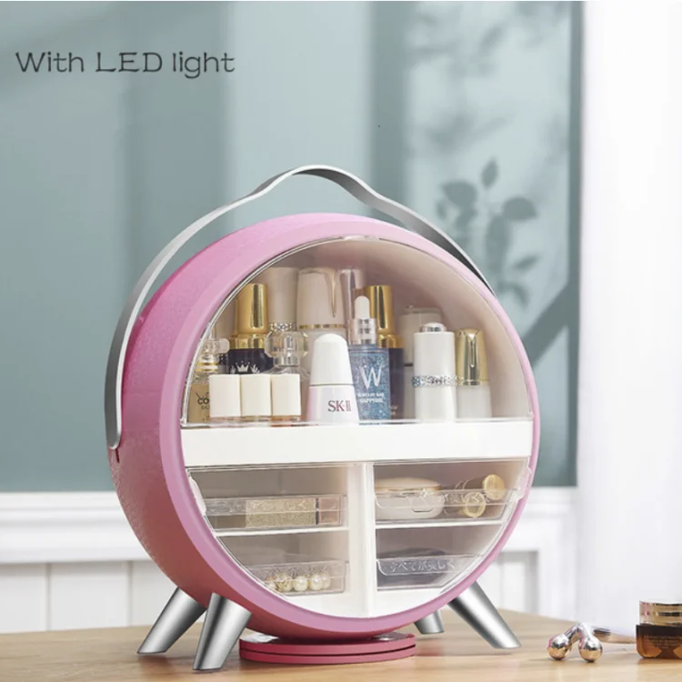 

Pink Travel Desk Large Clear Plastic Makeup 360 Degree Rotating Cosmetic Organizer with Led Light Mirror Handle, Pink or white