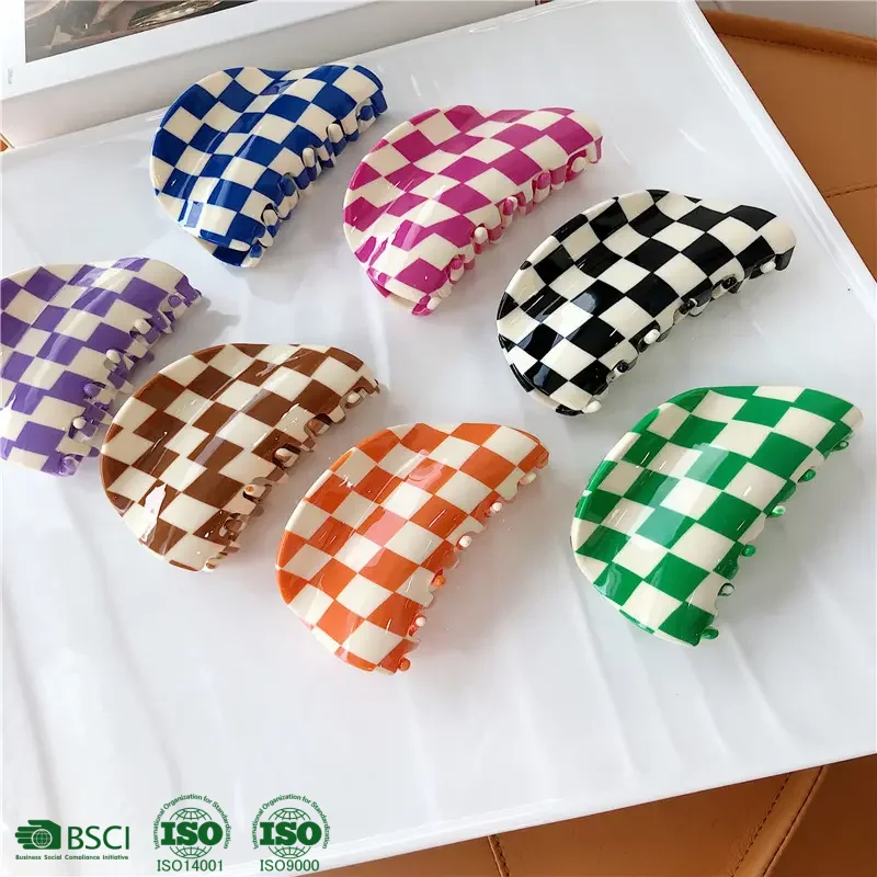 Retro ins checkerboard hair claw clip fashion acetate hair claw clips Semicircle designer hair claw clips