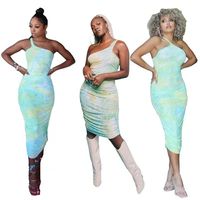 

F11313A In stock women Tie dye pleated halter dress, As picture