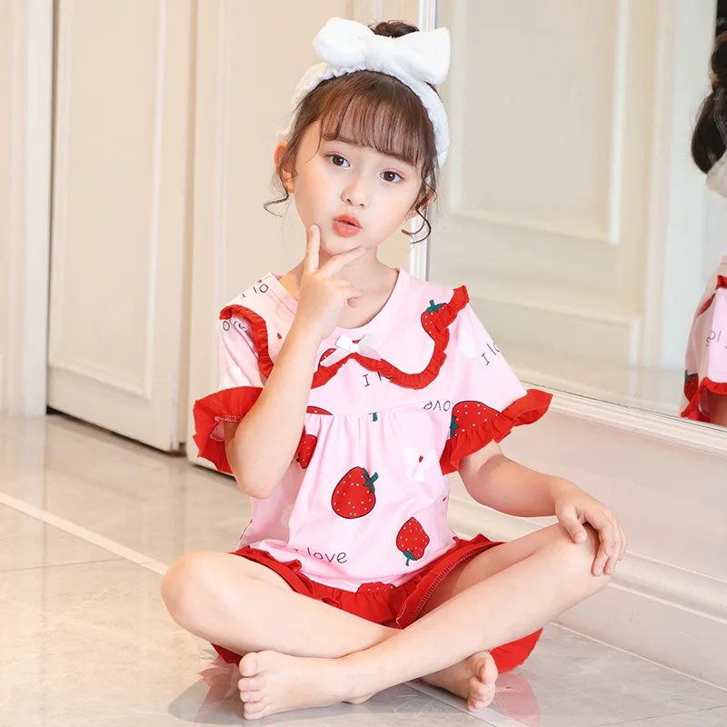 

Children's short-sleeved knitted cotton pajamas summer girls princess suit thin girl home service, Picture shows