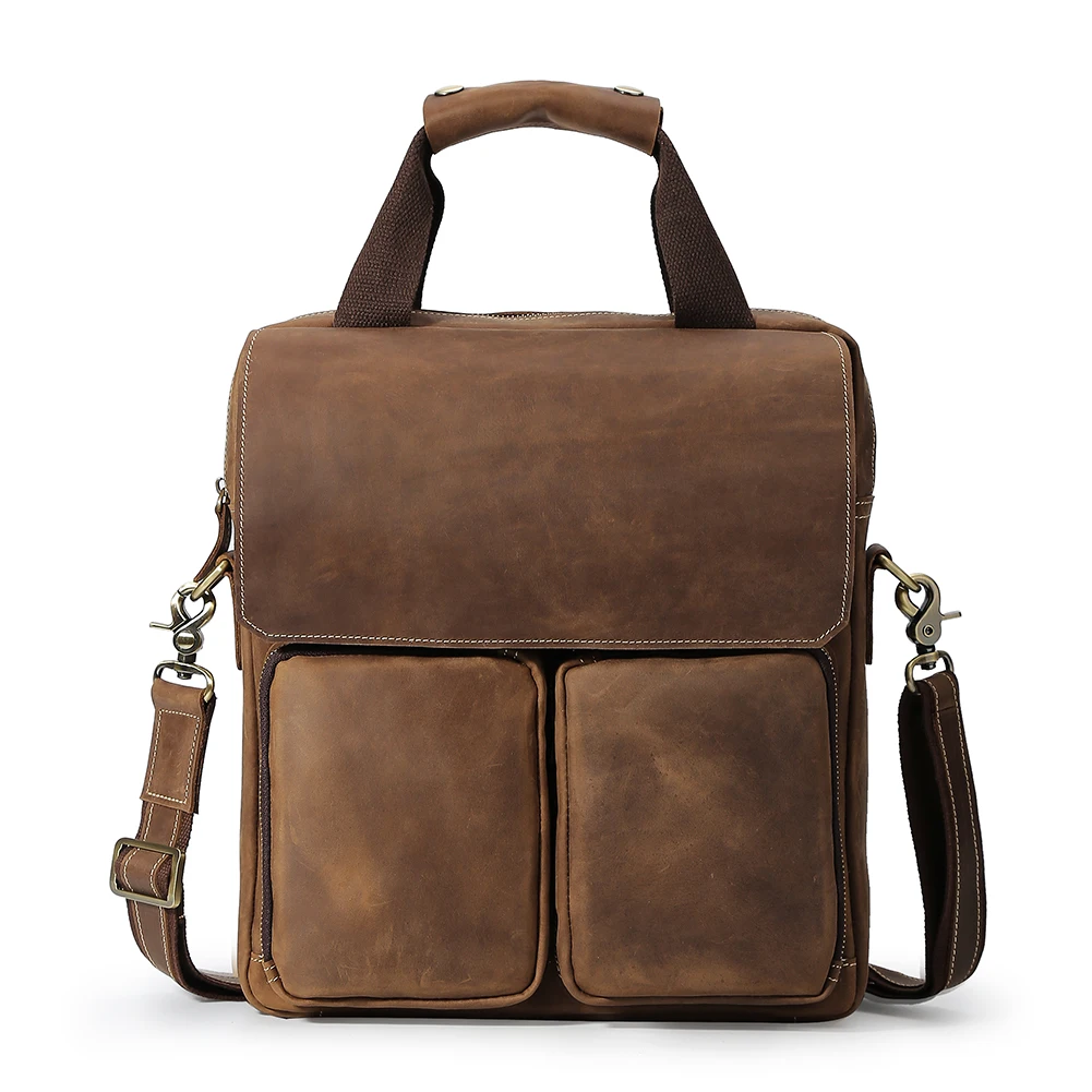 

TIDING Vintage Brown Retro Shoulder Bag Vertical Crazy Horse Leather Messenger Briefcase Bag, Customized color