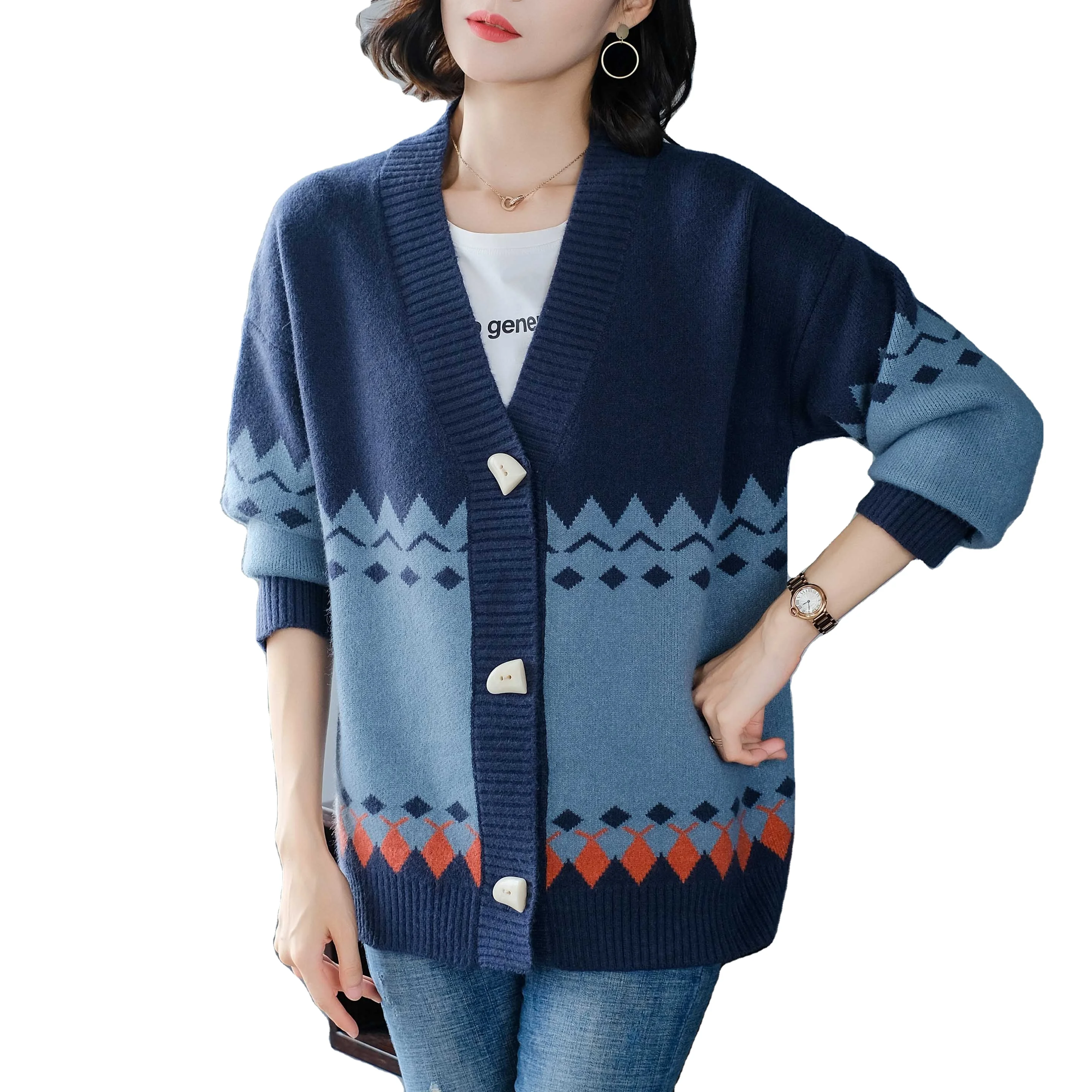 

Ladies Cardigans Long Sleeve Knitted Argyle Sweater Women Korean Sweaters Female Jumpers Cardigan Jacket with Buttons, Many colors are available