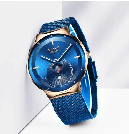 

20200LIGE Womens Watch Blue Fashion Watch Women Mesh Waterproof Clock Slim Quartz Ladies Watch, As pictures