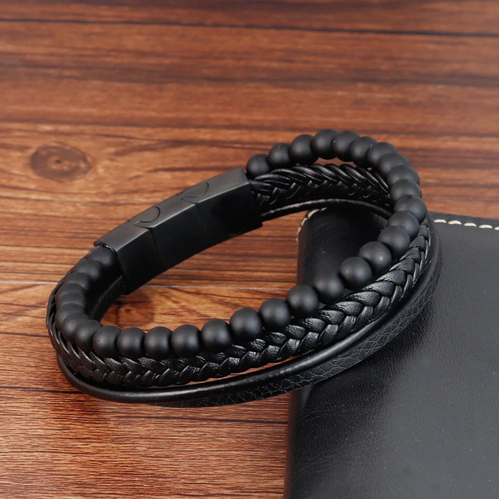 Natural Lava Stone Genuine Leather Wrist Band Braided Leather Bracelet 21cm With Stainless Steel Extended Magnetic Clasp