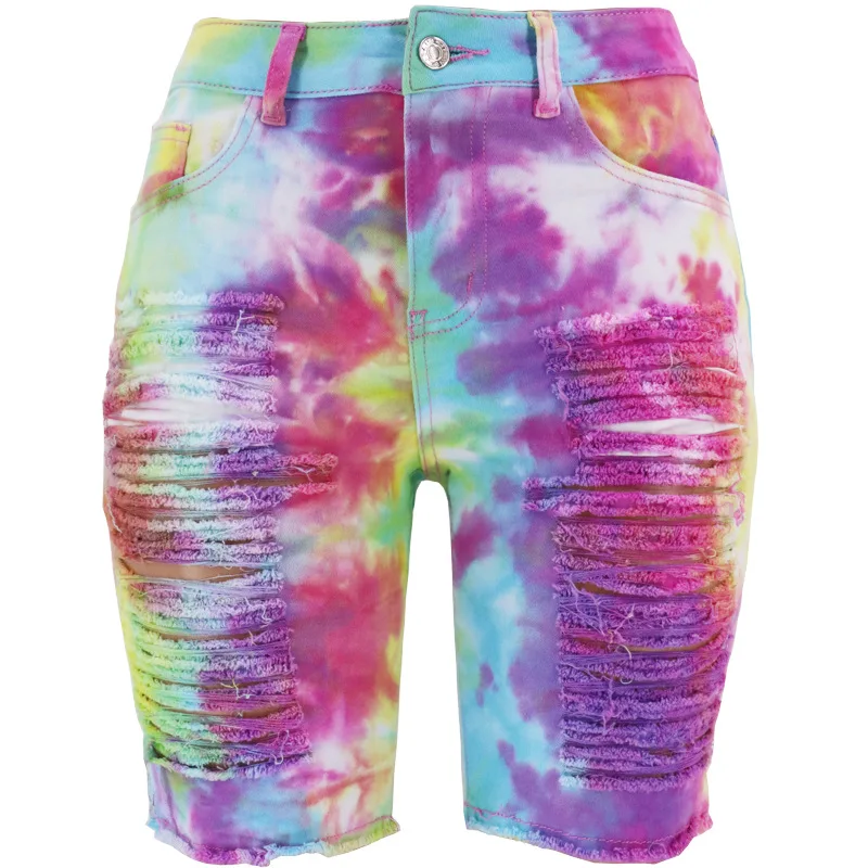 

2021 Summer New Trendy Women Denim Moms Jeans Mujer Shorts Tie Dye Printed Ripped Short Jeans Femme Short Jeans Pants For Woman, Blue/pink