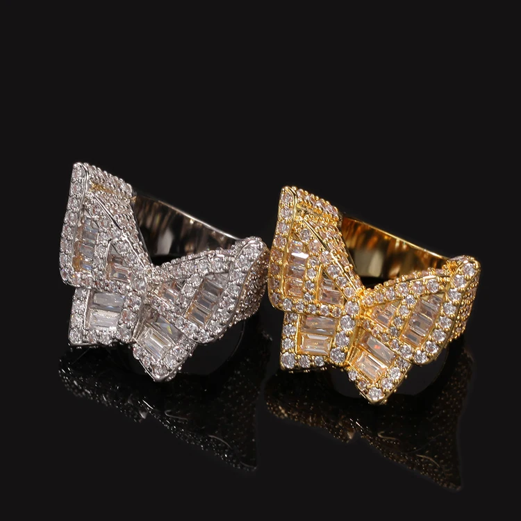 

New Arrivals Micro Paved Zircon 14K Gold Plated Hip Hop Butterfly Ring