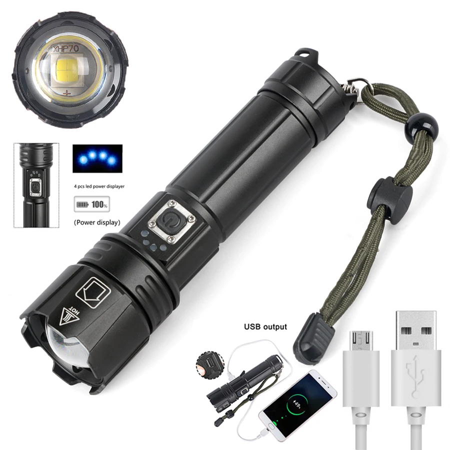 

Military Tactical Self Defense Bright Telescopic Zoom LED Torch Light Flashlight XHP70.2 USB Rechargeable Waterproof Torch Light, Black
