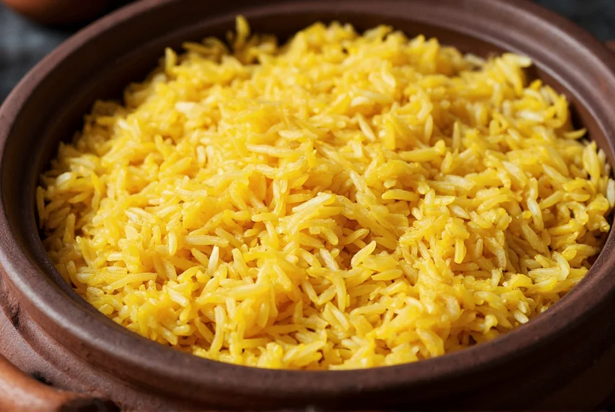 Perfectly cooked golden basmati rice with turmeric in traditional Indian clay pot