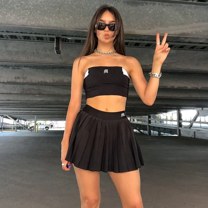 

Wholesale Fashionable Breathable Single Shoulder Embroidered Vest Pleated Skirt Fashion Summer hoodie skirt set, Picture color