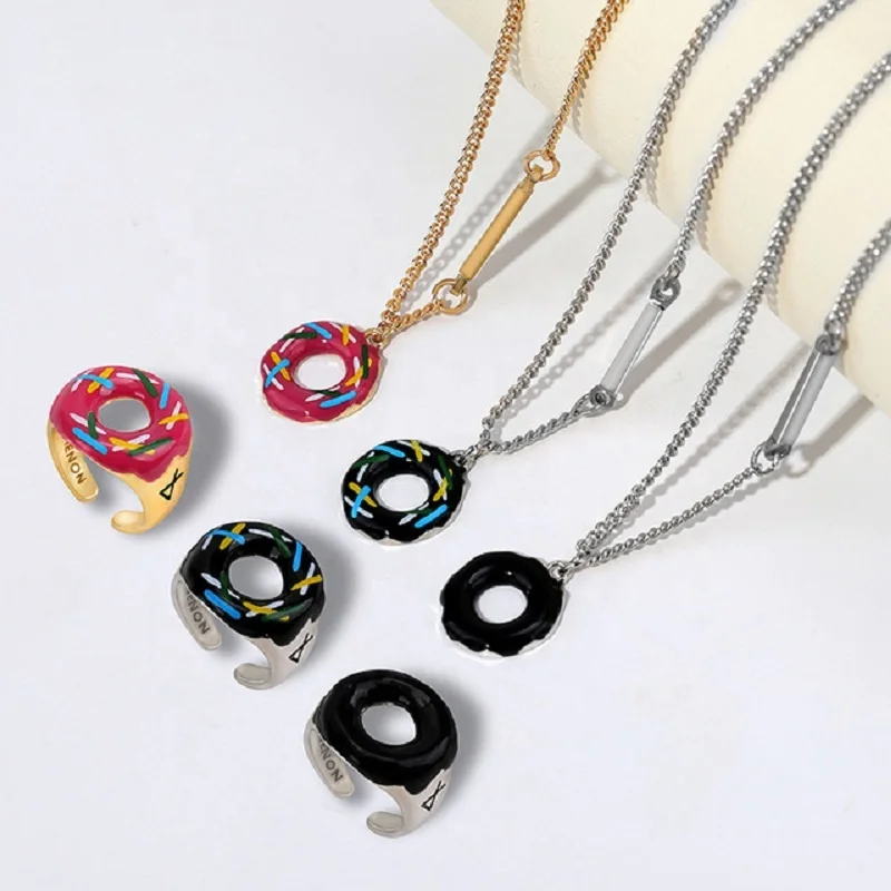 

Simple And Cute Donut Necklace Ring Set Combination For Women, 3 colors