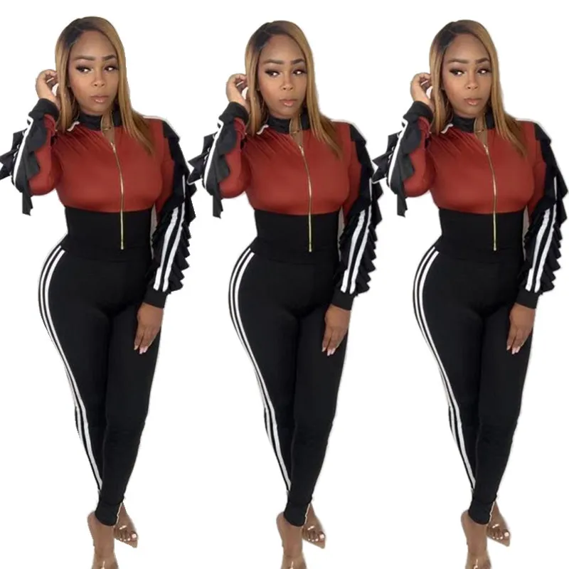 MK8899 ladies casual pants and solid zip up ruffle top two piece set clothing