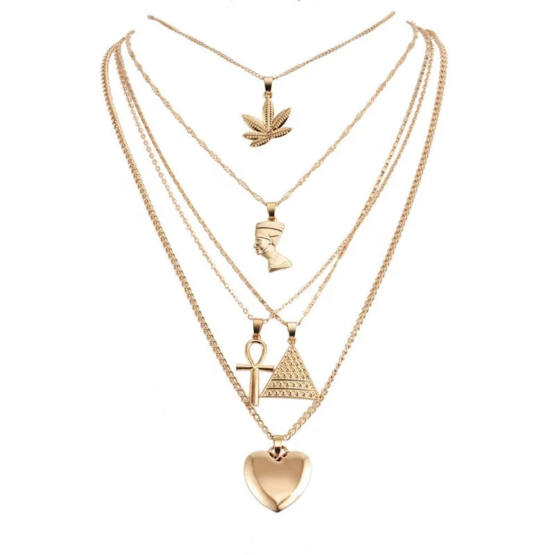 

Vintage Exaggerated Maple Leaf Ancient Egypt Pharaoh Pyramid Heart Sexy Multi-layer Metal Women Jewelry Necklace