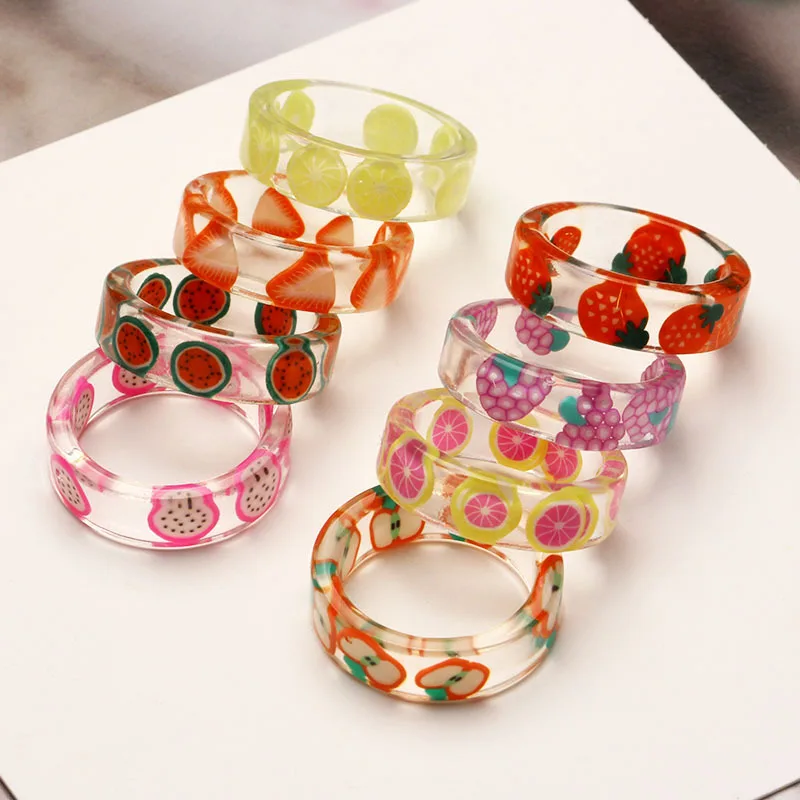 

New Arrival Resin Fruit Rings Trendy Jelly Multi-color Acrylic Resin Rings Hand-made Personalized Jewelry, Picture