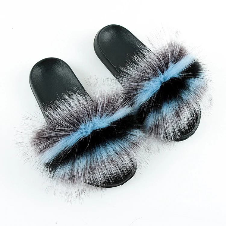 

High Quality Imitation Raccoon Girls Fur Slippers Adults Furry Slippers Faux Fox Fur Slides Fashion Fur Flops for Women, 6 colors as pictures