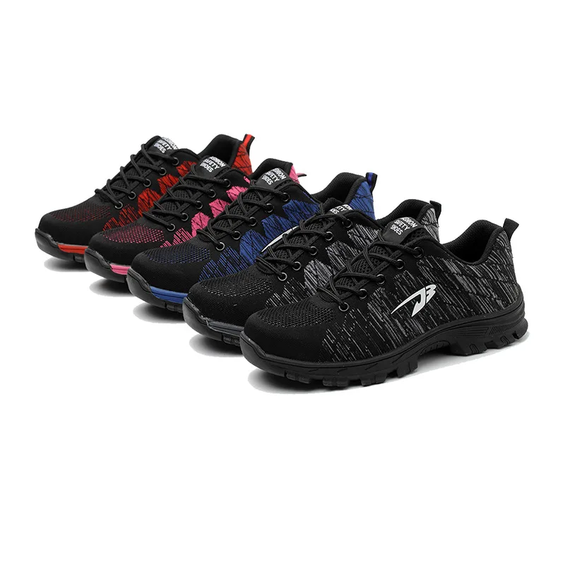 

Fashionable Breathable Fly knit Shoes Steel Plate Midsole Steel Toe Safety Shoes for Women and Men, Black grey red blue pink