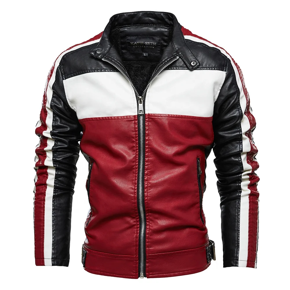 

New Arrival Colorblock Plus Velvet Leather Jacket Men's Motorcycle Jacket 2021 Plus Size Men's Leather Coat, Pictures