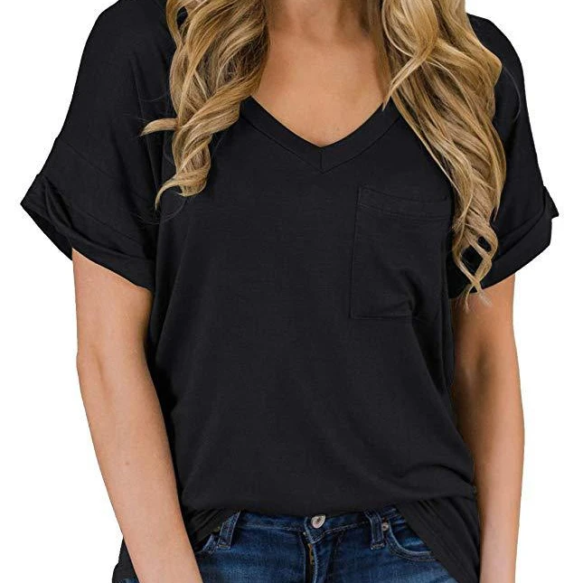 

Women's 2021 spring/summer v-neck pocket T-shirt, short sleeved loose top with curls, Picture