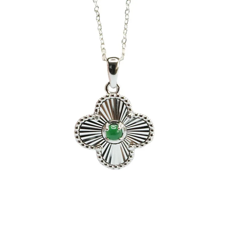 

S925 Silver Inlay Natural Emerald Four-Leaf Clover Pendant Ice Jade Necklace Factory Wholesale FC3041407