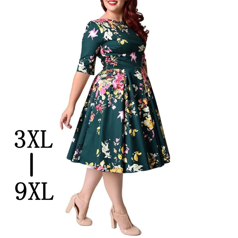 

Wipalo Large Size 6XL 7XL 8XL Women Dress Vintage Zipper Floral Print Tunic Big Swing Dress Plus Size Dresses For Women 4XL 5XL