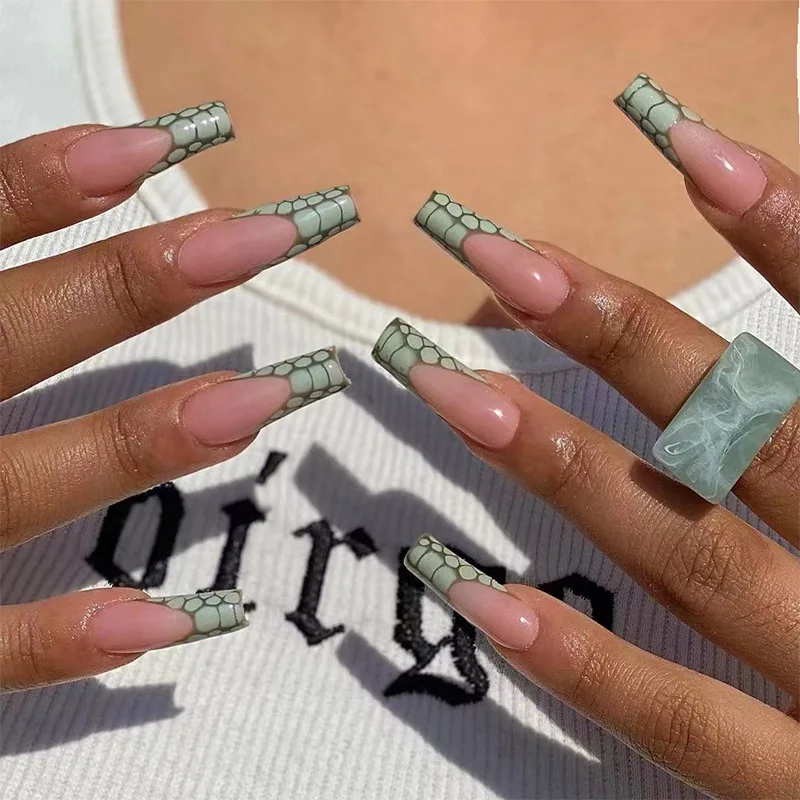 

2022 newest 24pcs press on nail green false nail crocodile texture long ballet nail artificial fingernail