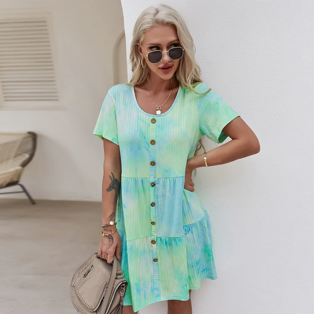 

Fashion Casual Short Sleeve Women's Dress Summer Round Neck Tie Dyed Button A-line Dress, As show