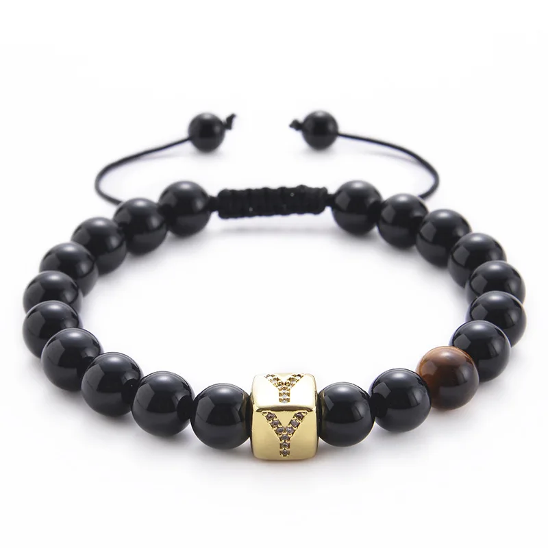 

26 Letter tiger eye stone Bracelet Woven Adjustable Natural crystal black agate Stone Bracelets A-Z Wholesale for men