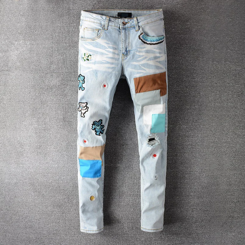 

men clothing Print Patch Denim Pants Mens Ripped All Wholesale Amir Jeans