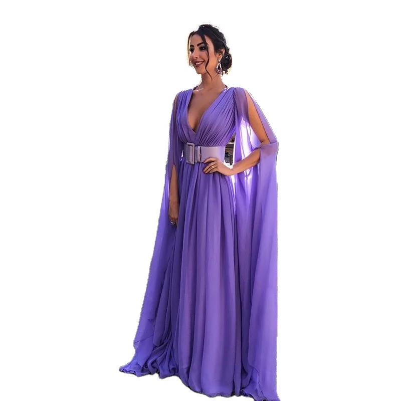 

Elegant 2019 Chiffon Violet Color A-line Pleated Prom Gowns Full Sleeves Deep V-Neck Formal Party Gowns, Purple